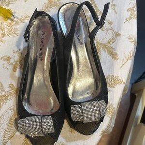 Pierre Dumas Black Slingback Peep-Toe Heels with Crystal Bow Accent